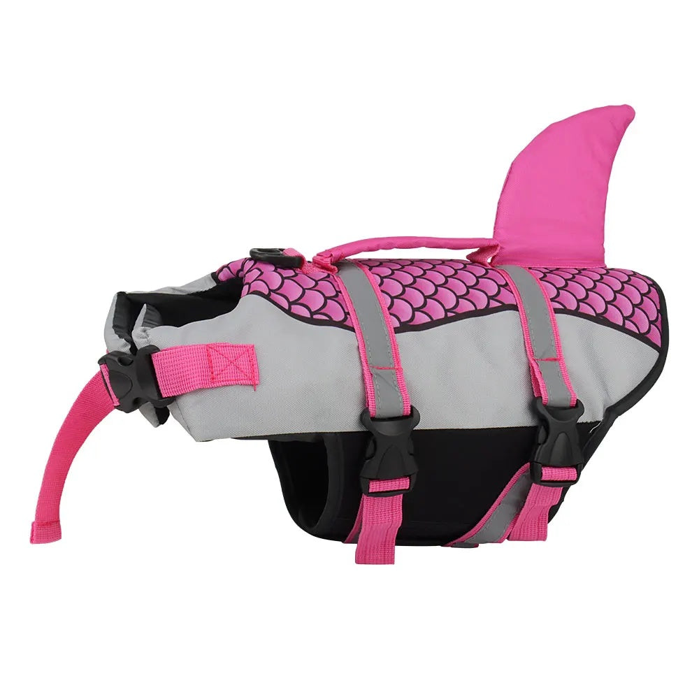 Hot pink dog life jacket with fish scales and a standing shark fin designed for small to large dogs.