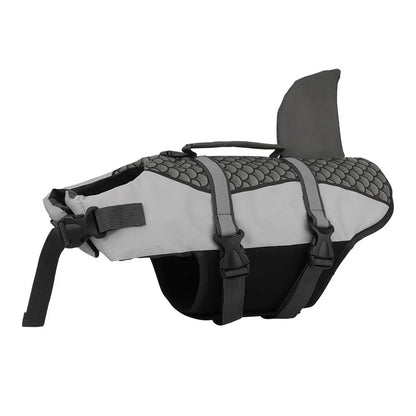 Slate grey and black shark fin pet floatation device featuring durable quick-release buckles.