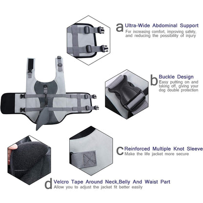 Gray and black shark fin dog life jacket on a white background, with close-up callouts of buckles, Velcro, and support straps.