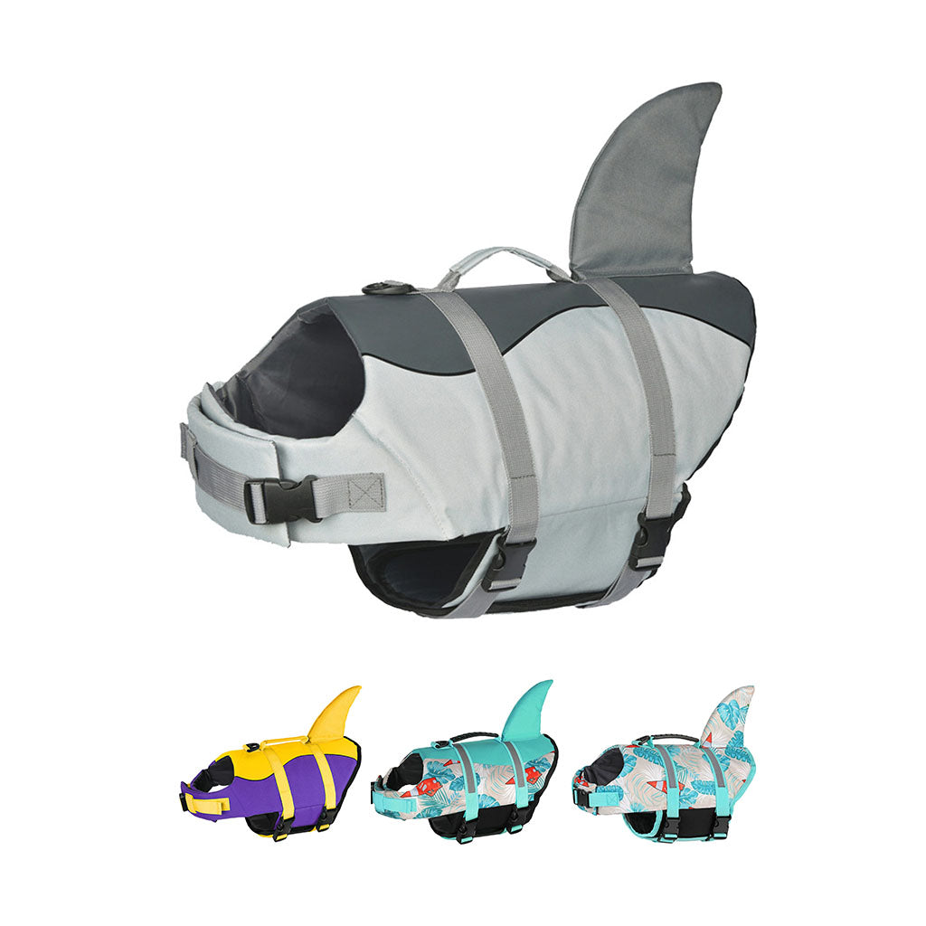 Shark fin dog life jacket in gray on a white background, with adjustable straps and color variations shown below.