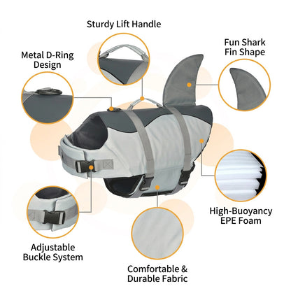 Studio shot on white background of a gray Shark Fin Dog Life Jacket with adjustable buckles, lift handle and metal D-ring.
