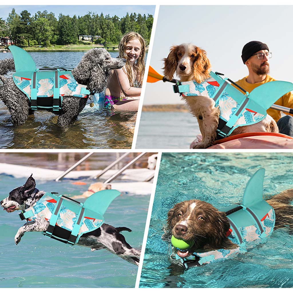 Collage of dogs wearing a turquoise shark fin dog life jacket while swimming and boating on lakes and in a pool.