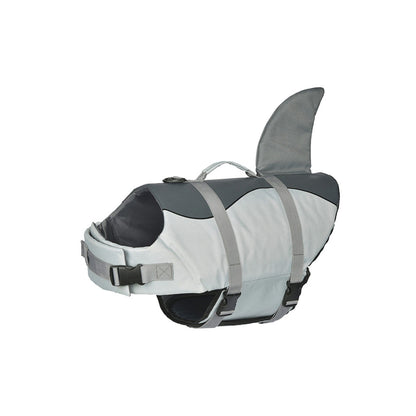 Gray and black shark fin dog life jacket on a white background, with adjustable straps and a top handle.