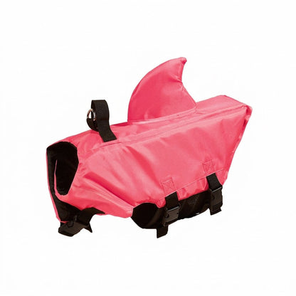 Pink shark fin dog life jacket swim vest with black straps and handle, isolated on a white background.
