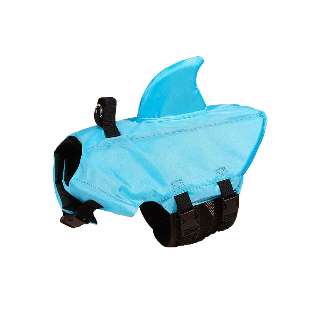 Blue shark fin dog life jacket swim vest with handle and black straps, shown in a studio shot on a white background.