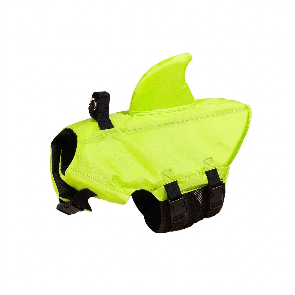 Neon green shark fin dog life jacket swim vest with black straps and top handle, isolated on white background.
