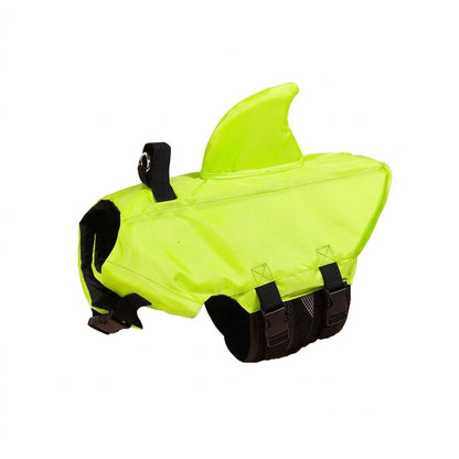 Neon green shark fin dog life jacket swim vest with black straps and top handle, isolated on white background.