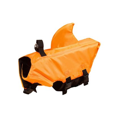 Orange shark fin dog life jacket swim vest with handle, black straps, shown on a white background.
