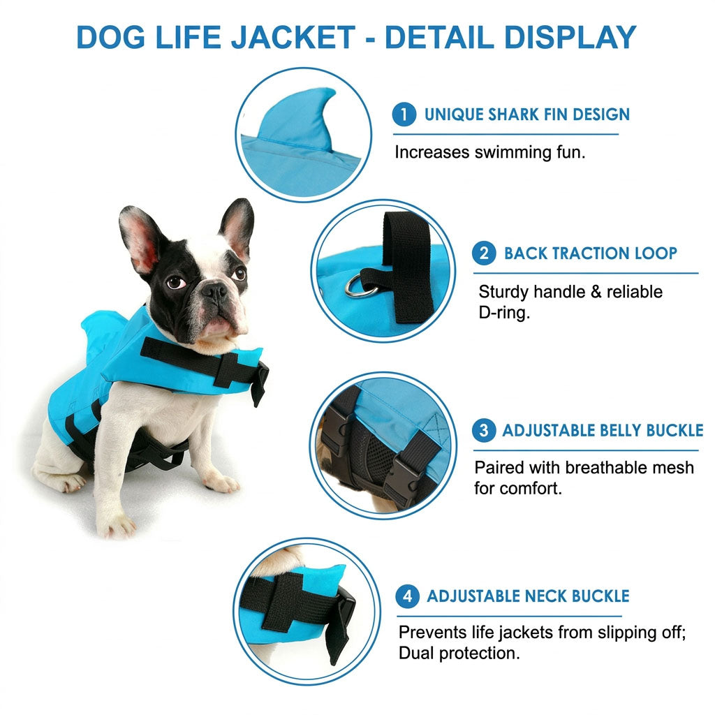 French bulldog wears a blue shark fin dog life jacket on a white background, with close-up callouts for handle and buckles.