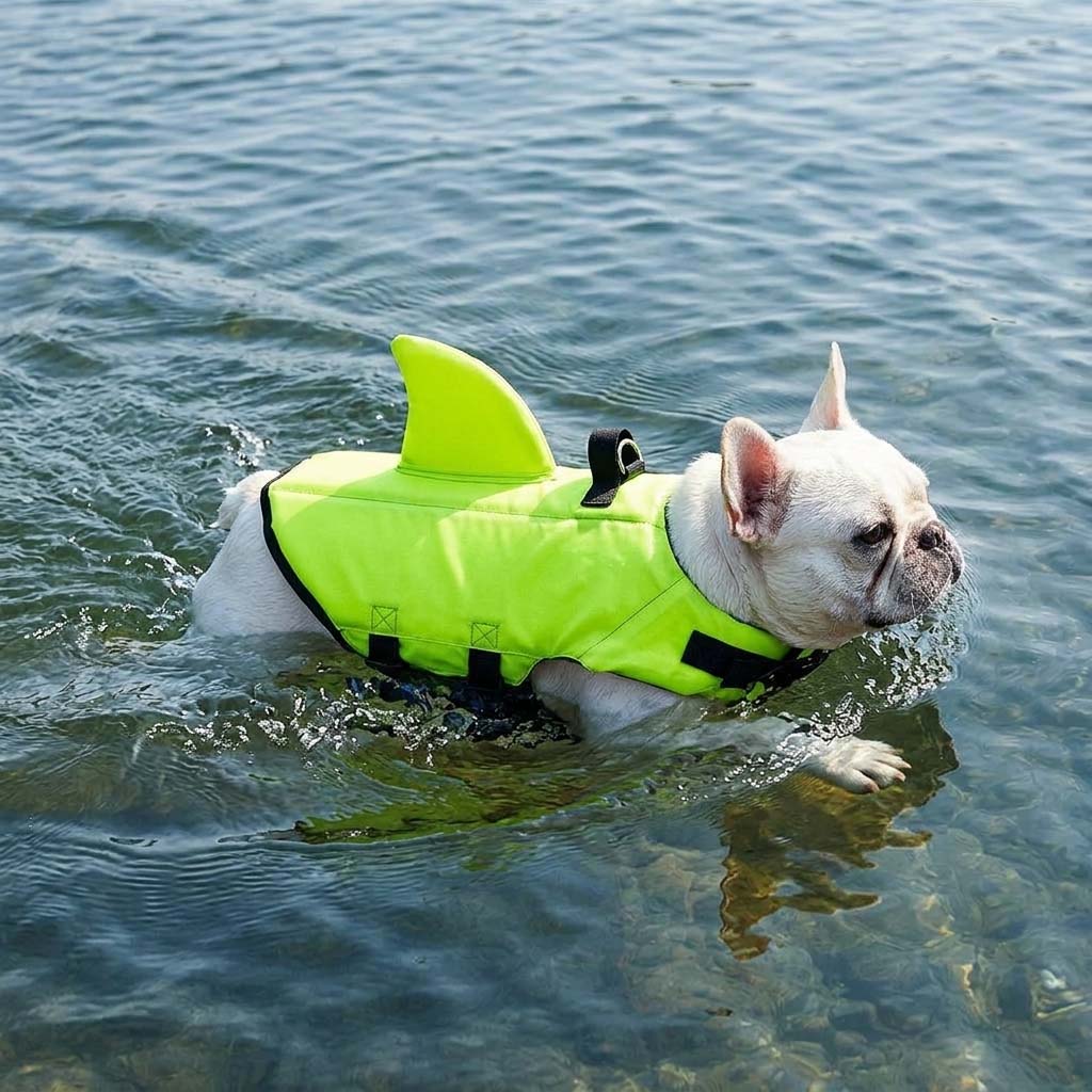 White French bulldog wears a neon green shark fin dog life jacket swim vest with handle while wading in clear water.