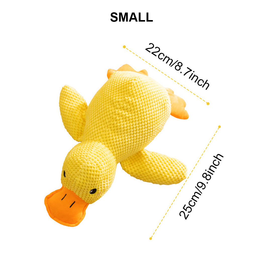 Yellow squeaky plush duck dog toy on a white background, with an orange beak and small 22 cm by 25 cm size.