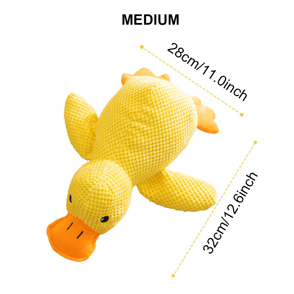 Medium yellow squeaky plush duck dog toy on a white background, with orange beak and feet beside size markings.