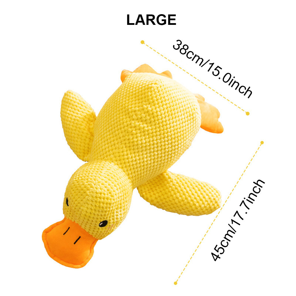 Yellow squeaky plush duck dog toy on a white background, with orange beak and feet, labeled 38 cm by 45 cm.