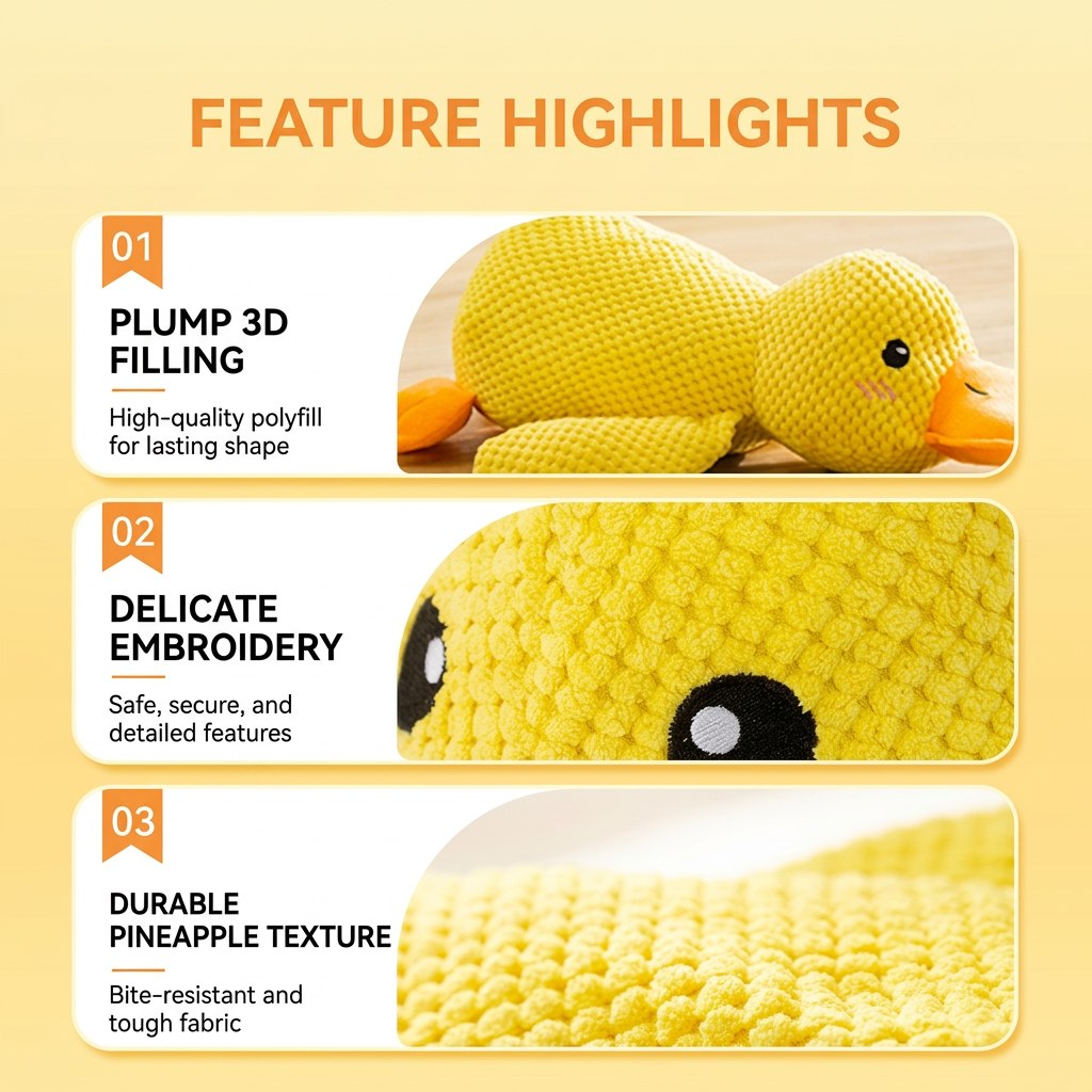 Close up details of a yellow duck dog toy showing durable pineapple fleece texture, pet-safe embroidered eyes, and plump 3D polyfill stuffing. Safe chew toy for dogs.