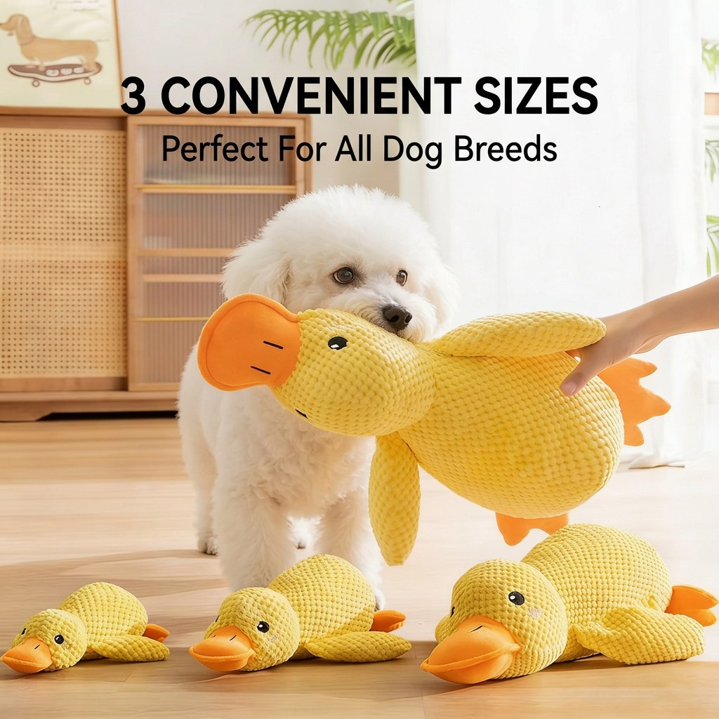Three sizes of yellow squeaky duck plush dog toys lined up on the floor next to a white fluffy dog model. Available in small, medium, and large for all dog breeds.