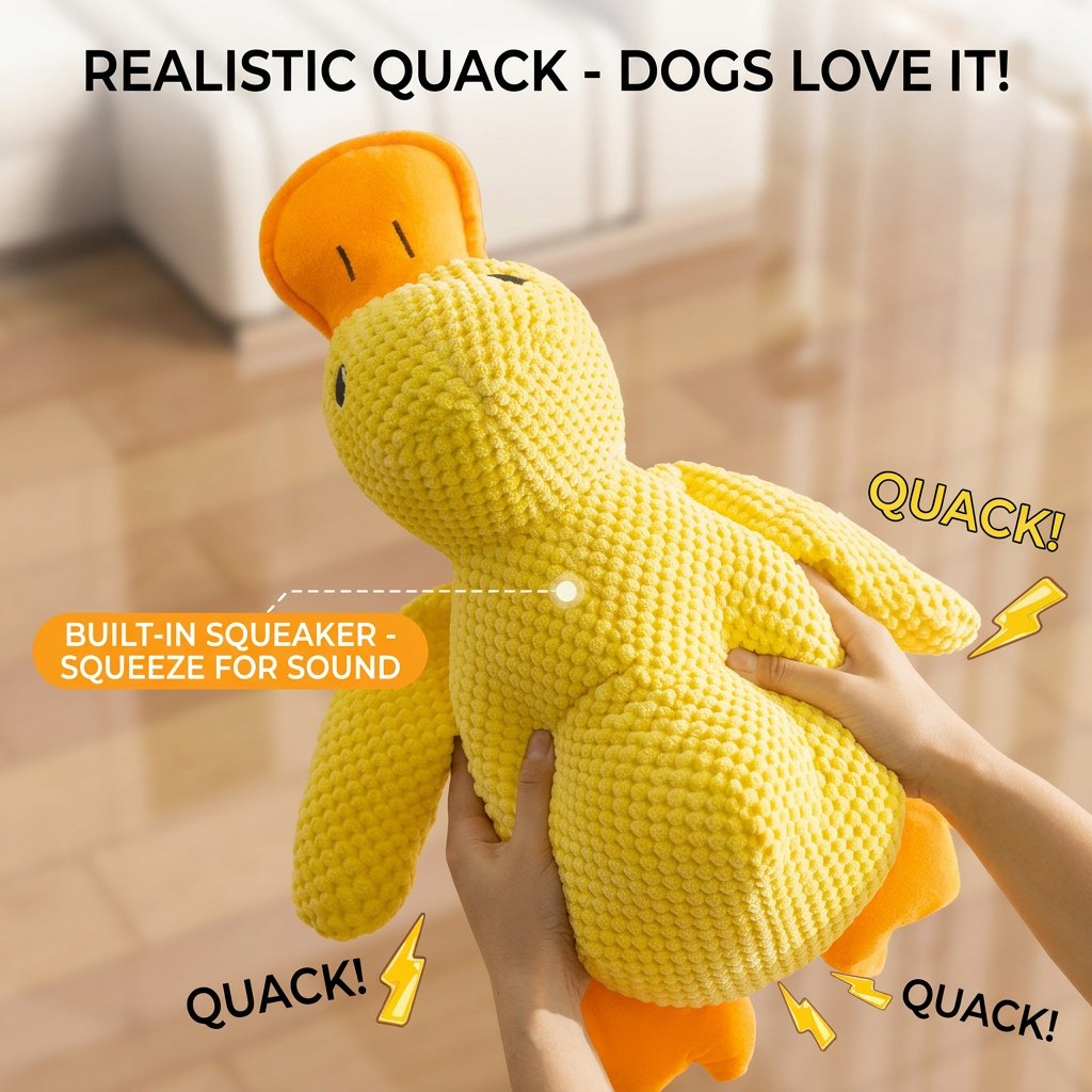 Yellow squeaky plush duck dog toy held in two hands in a bright indoor room, with orange beak and feet.