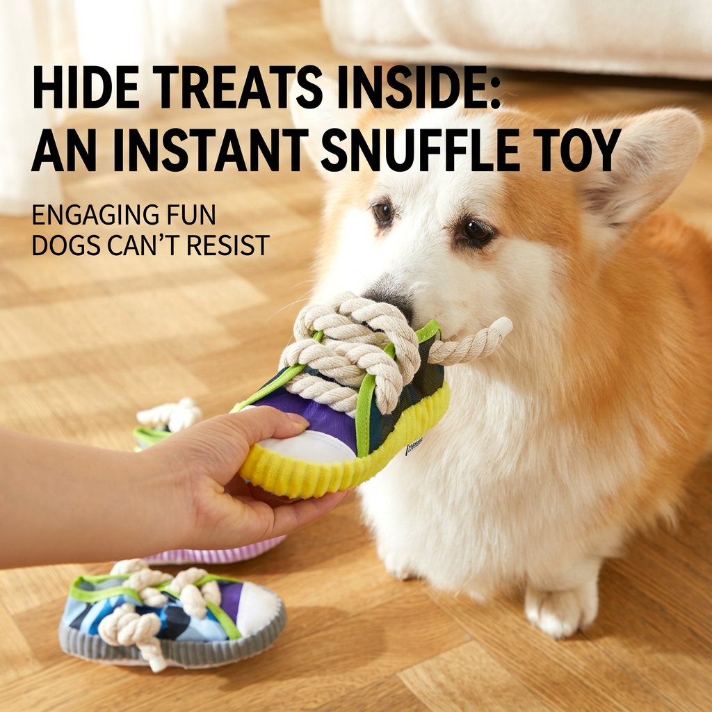 Corgi indoors on a wooden floor chewing a squeaky sneaker dog toy with a rope knot while a hand holds it.