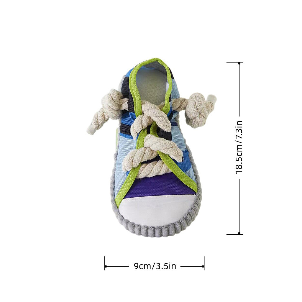Squeaky sneaker dog toy with rope knot teether in blue, green and purple on a white background, shown with size measurements.