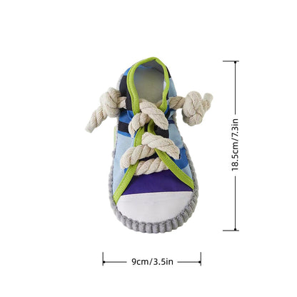Squeaky sneaker dog toy with rope knot teether in blue, green and purple on a white background, shown with size measurements.