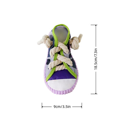 Purple and green sneaker dog toy with rope knot teether on a white background, shown with size measurements.