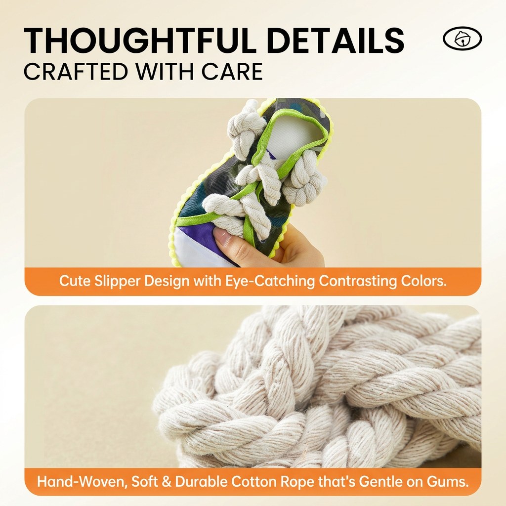 Studio graphic showing a colorful squeaky sneaker dog toy with rope knots and a close-up of soft woven cotton rope.