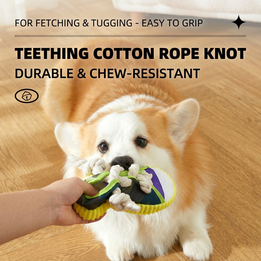 Corgi puppy on a wooden floor bites a sneaker dog toy with rope knot teether while a hand holds it.