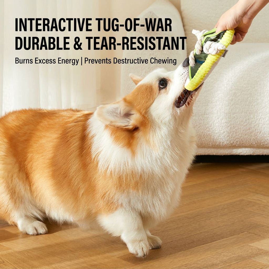 Small Corgi tugs a squeaky sneaker dog toy with a rope knot in a bright living room, held by a hand.