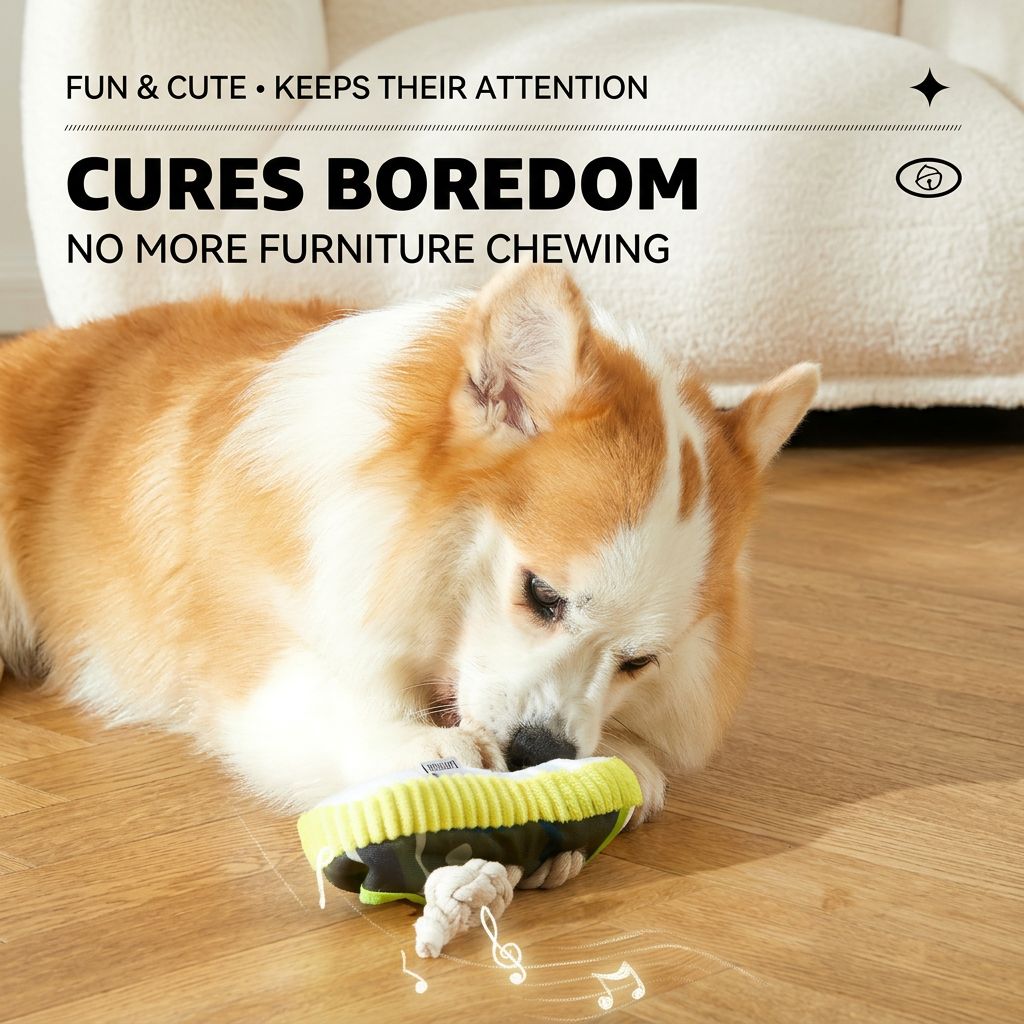Corgi lying on a wood floor beside a couch, chewing a lime-and-black squeaky sneaker dog toy with a rope knot.