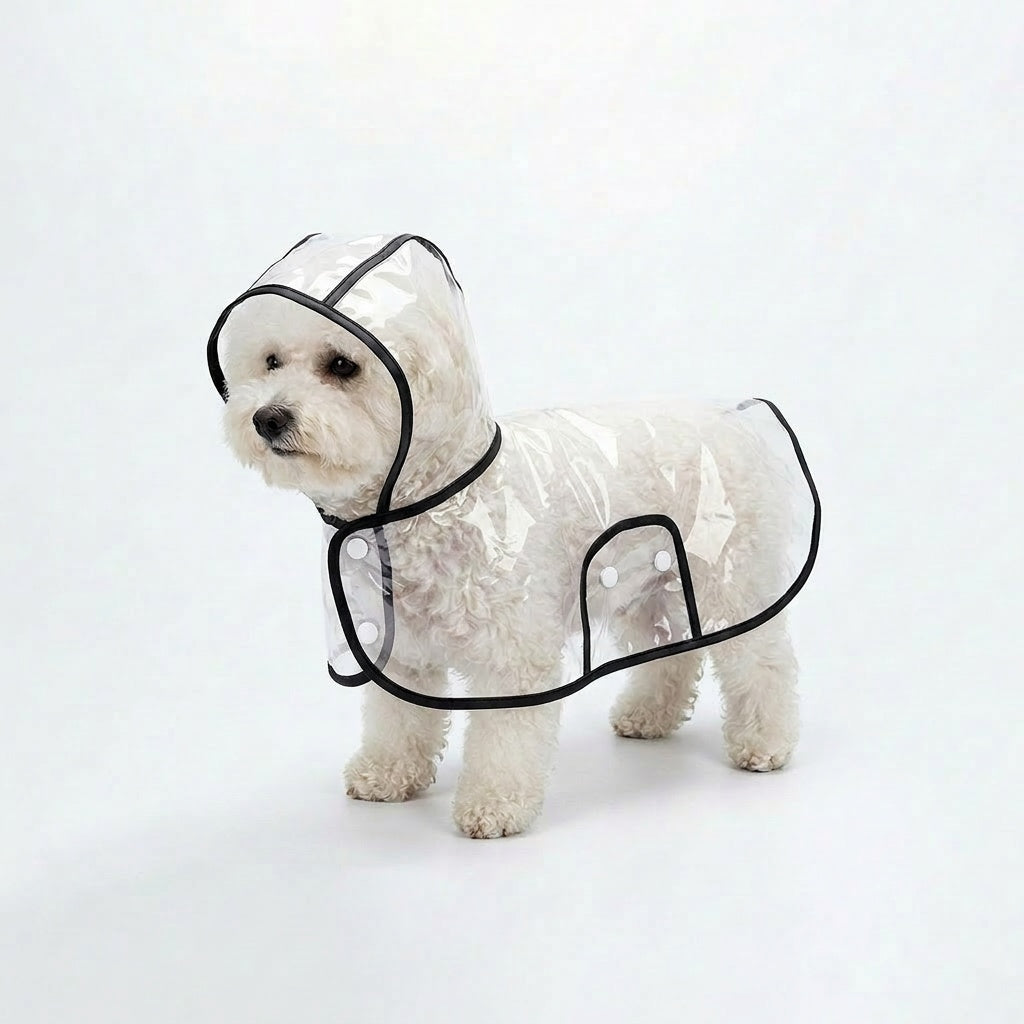 Small white dog wearing the transparent dog raincoat poncho with Onyx Black trim on a white studio background.