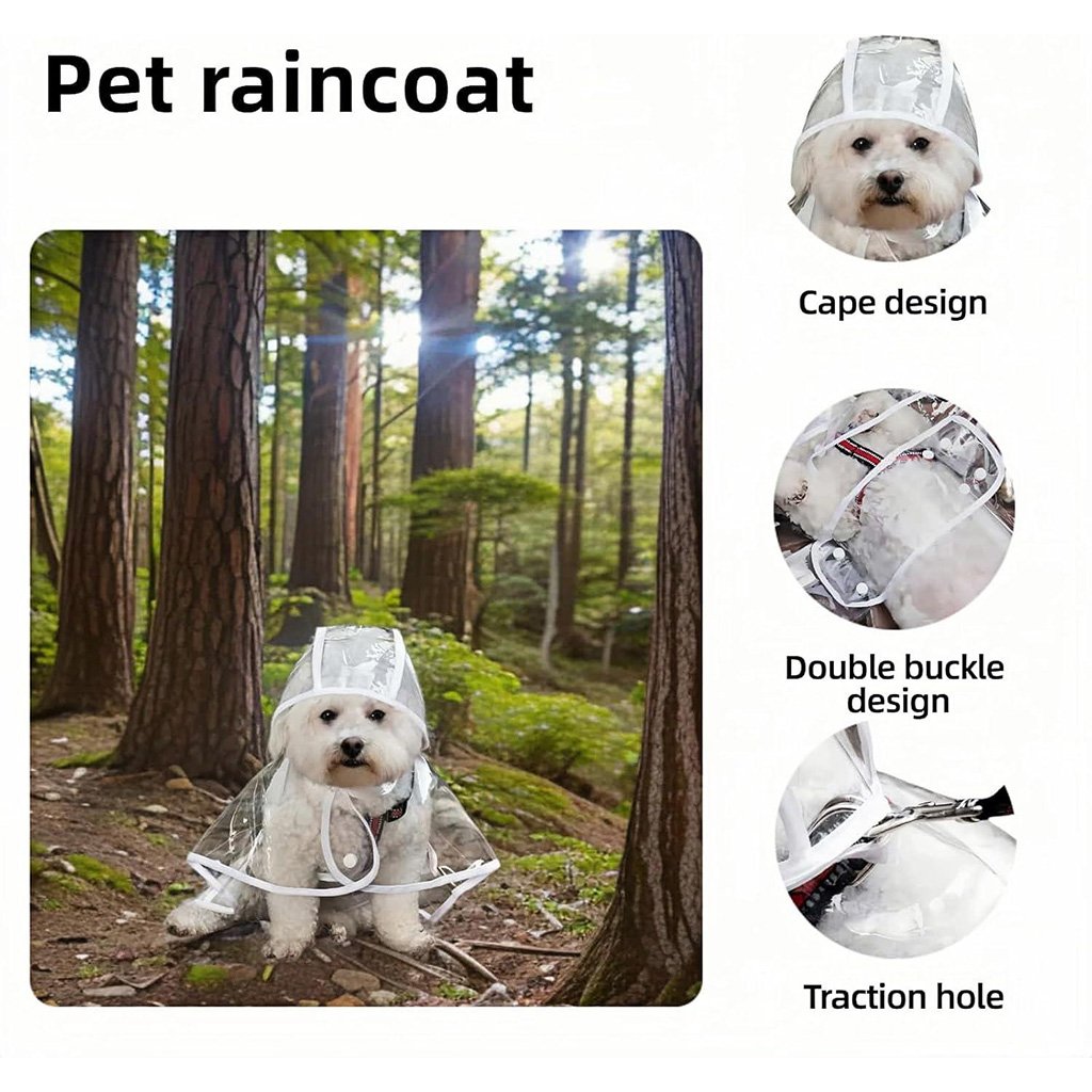 Feature collage of the transparent dog raincoat poncho — hooded cape design, four snap closures, leash slit on the back.