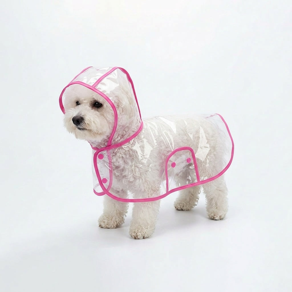 Small white dog wearing the transparent dog raincoat poncho with Bubblegum Pink trim on a white studio background.