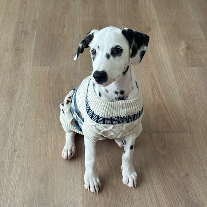 Dalmatian-type dog sitting indoors in the oat beige Fair Isle knit pet sweater with ribbed collar.