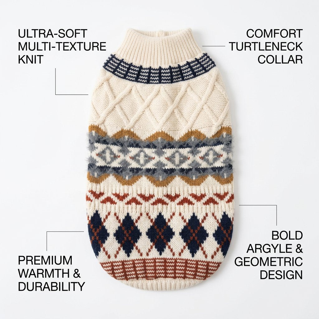 Oat beige Fair Isle pet sweater infographic showing multi-texture knit and comfort turtleneck collar.