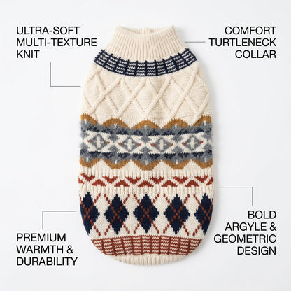 Oat beige Fair Isle pet sweater infographic showing multi-texture knit and comfort turtleneck collar.