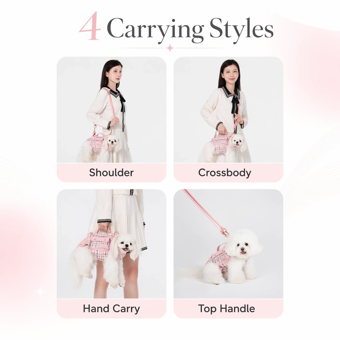 Four carrying modes for tweed dog carrier harness shown side by side: shoulder, crossbody, hand carry, and top handle