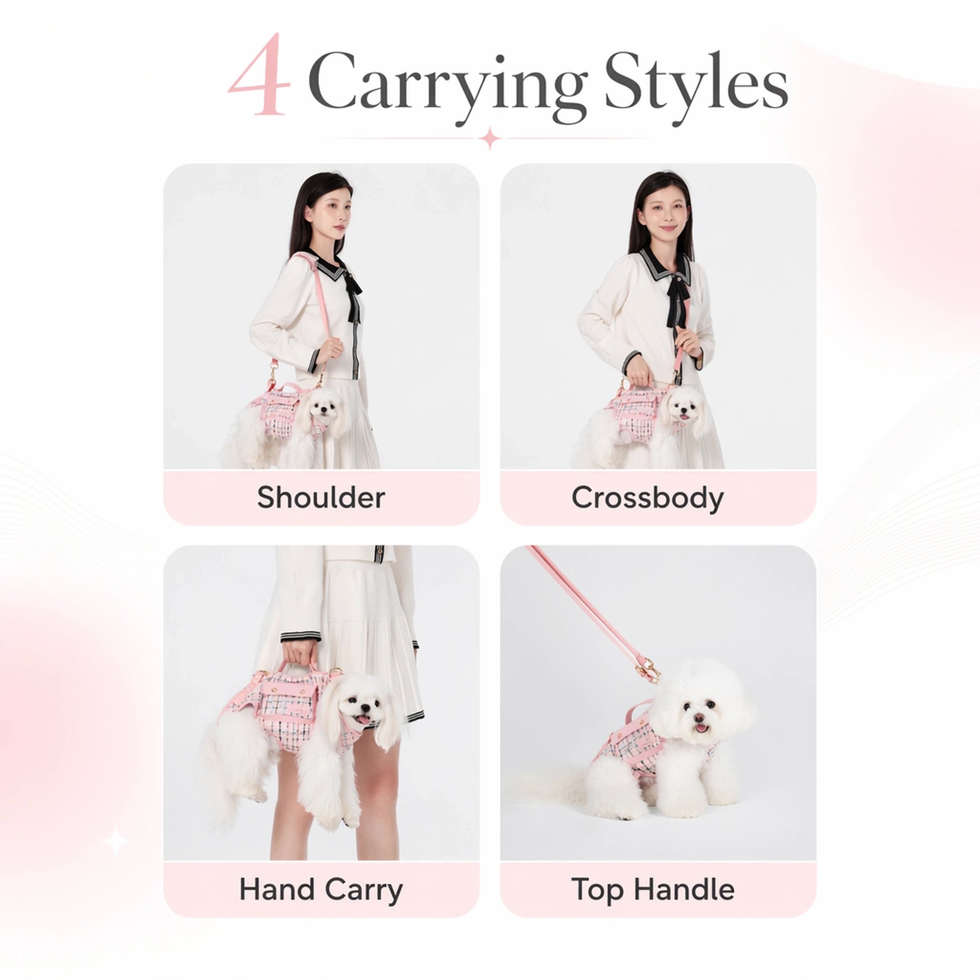 Four carrying modes for tweed dog carrier harness shown side by side: shoulder, crossbody, hand carry, and top handle