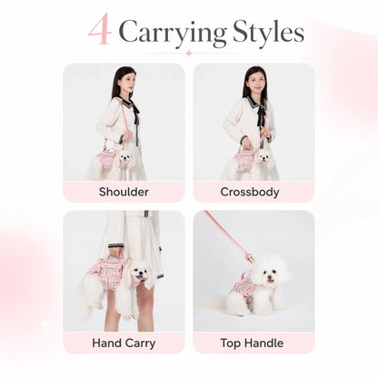 Four carrying modes for tweed dog carrier harness shown side by side: shoulder, crossbody, hand carry, and top handle
