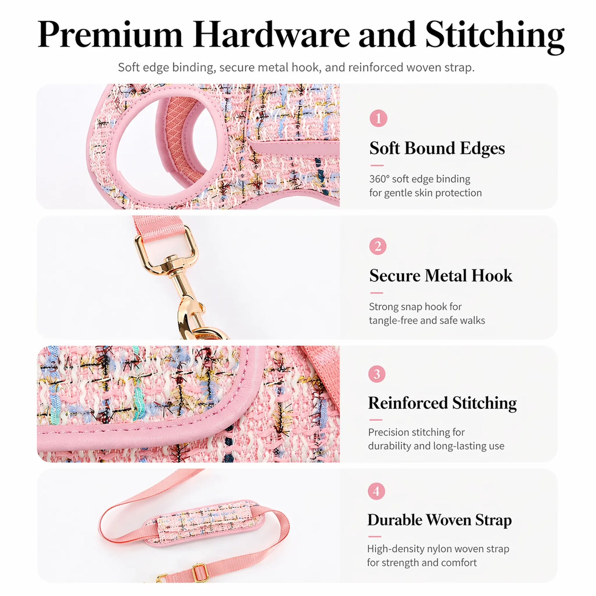Close-up of pink tweed dog harness showing soft bound edges, gold-tone metal snap hook, reinforced stitching, and woven nylon strap