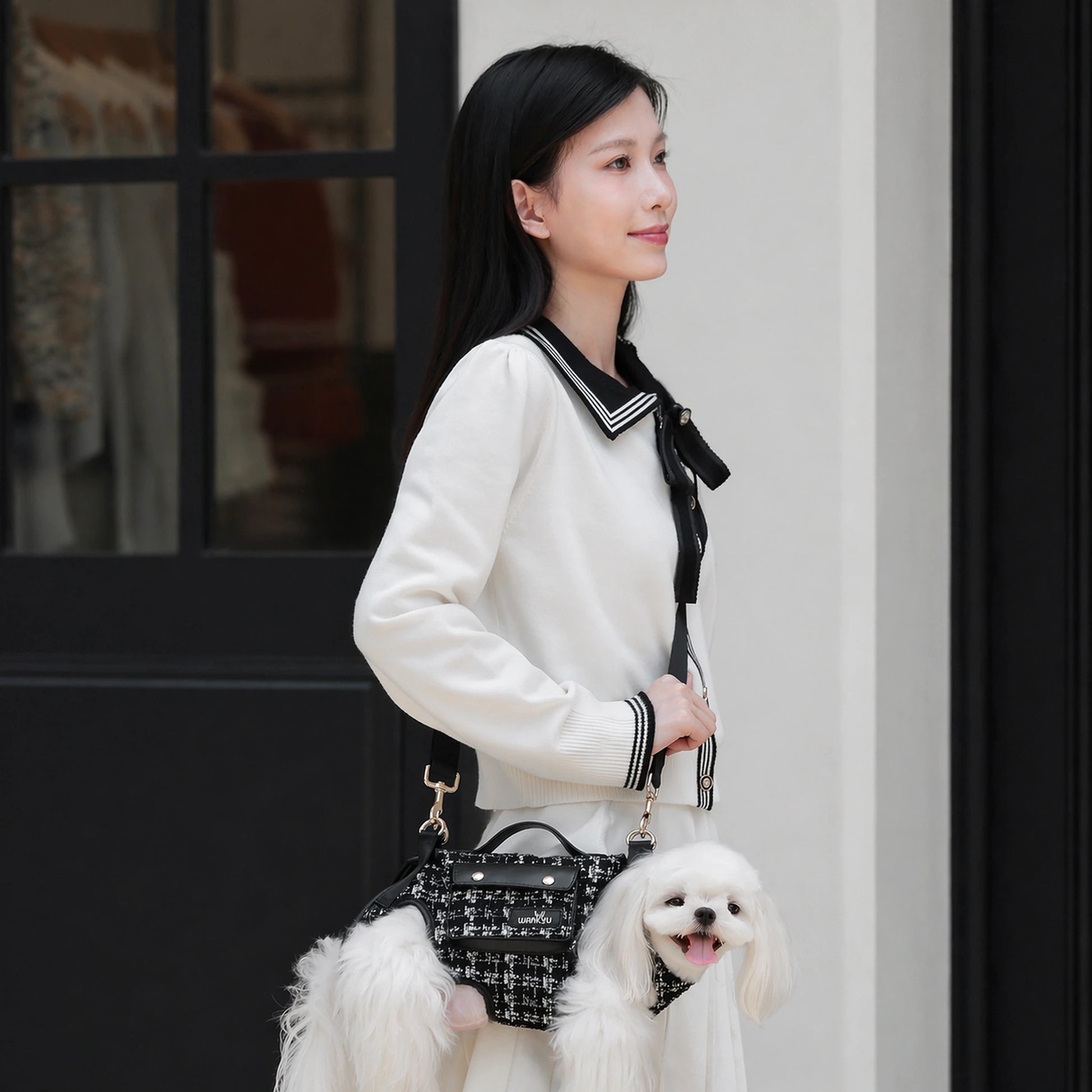 Woman in white sweater carrying small white Maltese in black tweed dog carrier harness as a crossbody bag