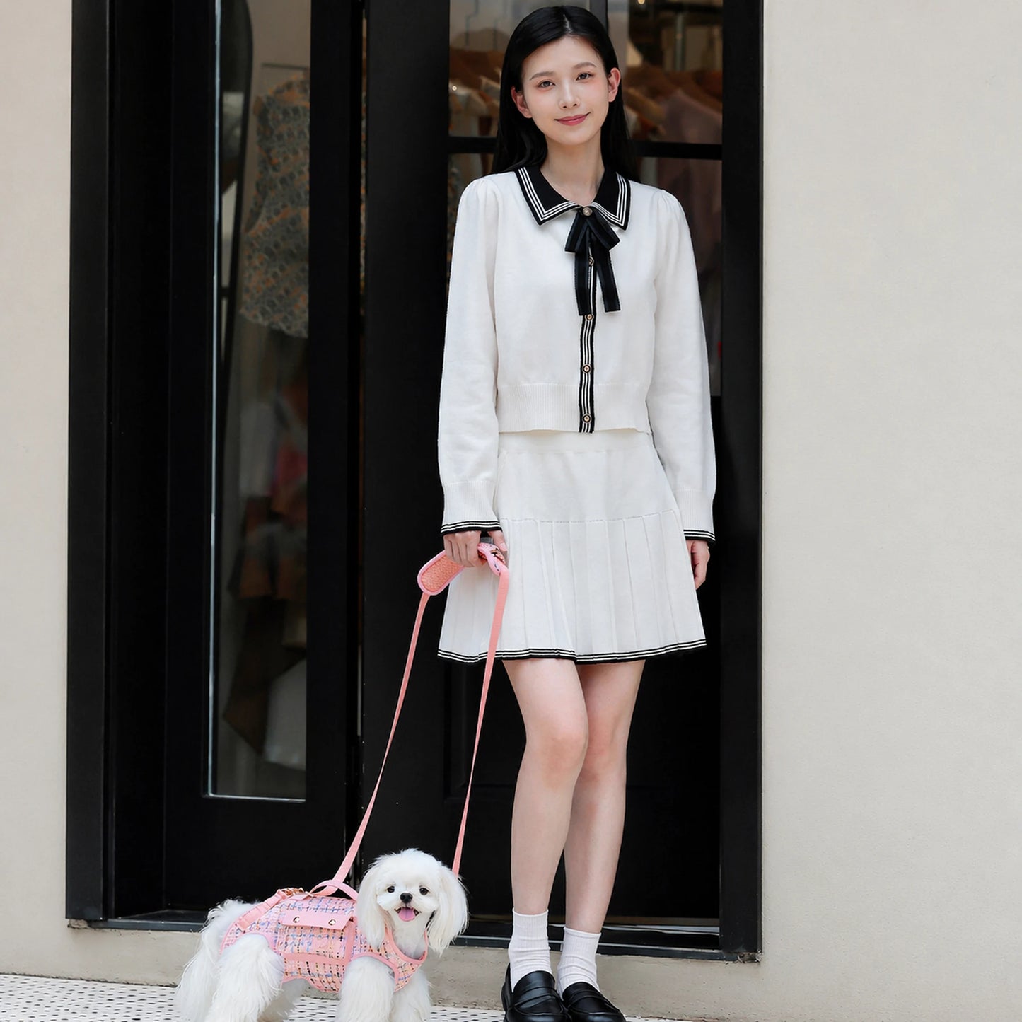 Woman in white sailor outfit walking small white Maltese wearing pink tweed dog carrier harness outside a boutique storefront