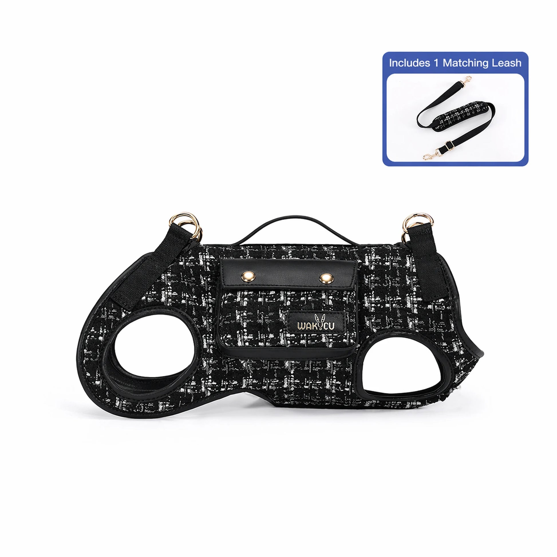 Black tweed dog carrier harness with white thread accents, matching leash, gold-tone hardware, and front magnetic pocket