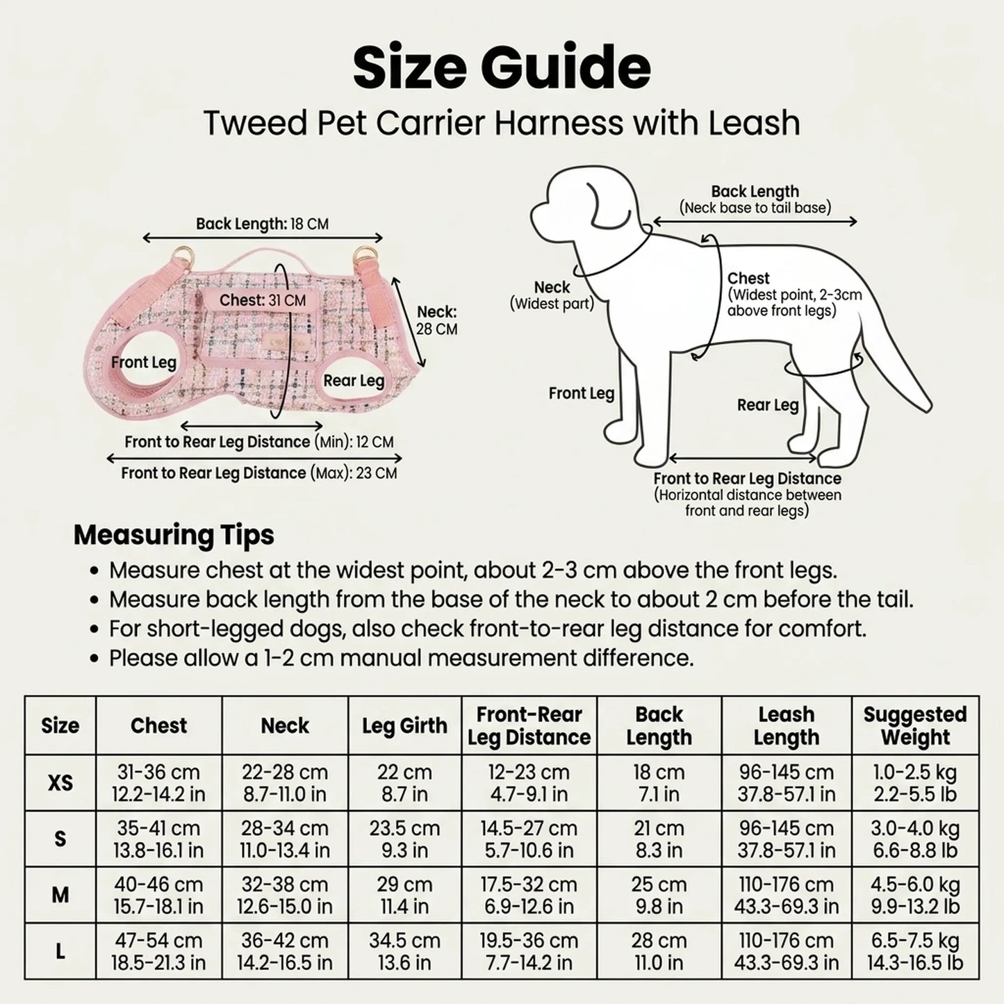 Size guide for tweed dog carrier harness with chest, neck, leg girth, back length, and leash length measurements for XS, S, M, and L