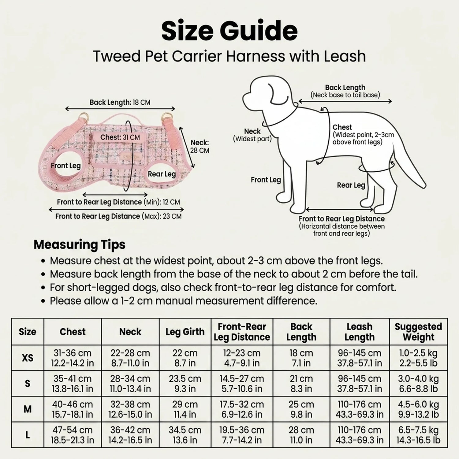 Size guide for tweed dog carrier harness with chest, neck, leg girth, back length, and leash length measurements for XS, S, M, and L