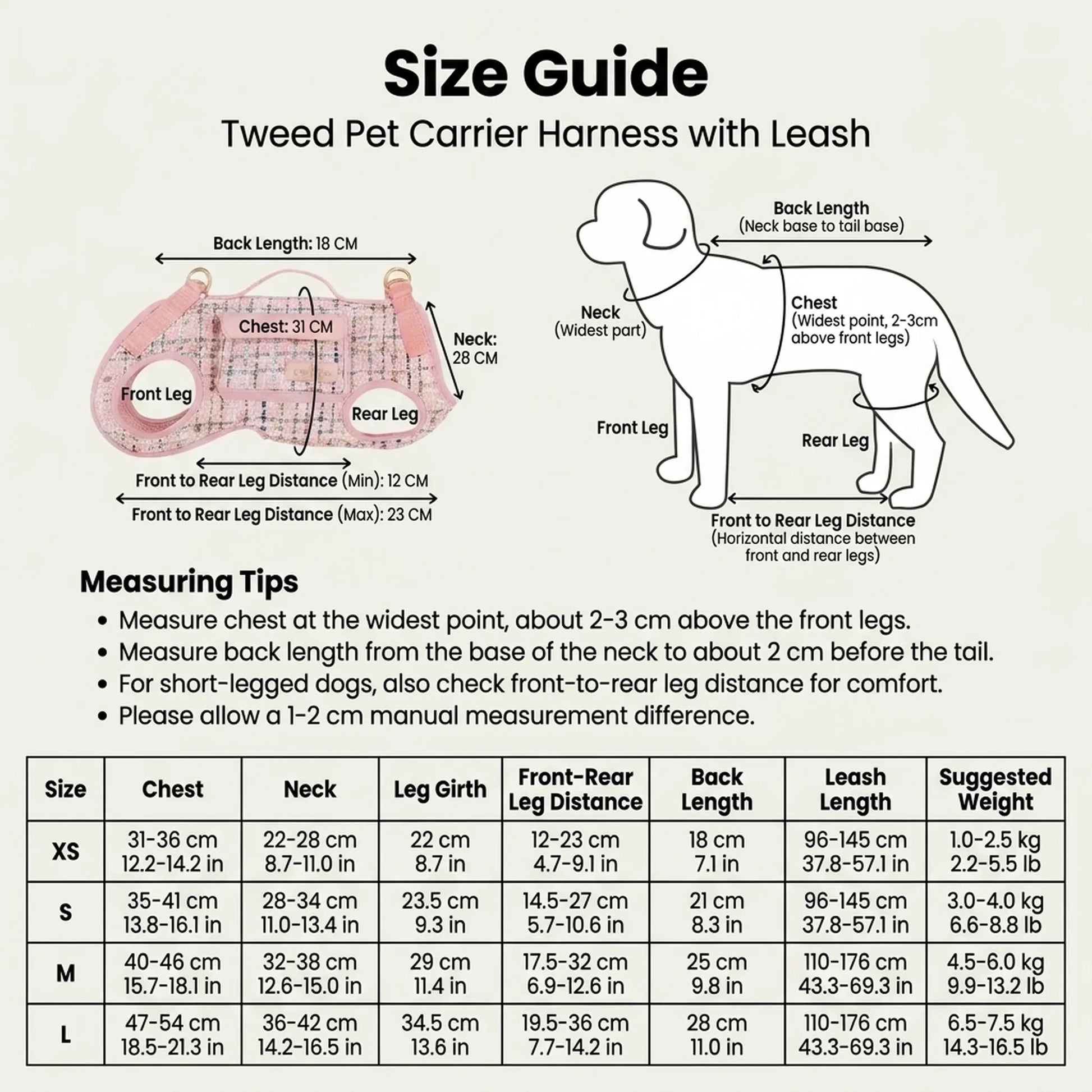 Size guide for tweed dog carrier harness with chest, neck, leg girth, back length, and leash length measurements for XS, S, M, and L