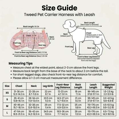 Size guide for tweed dog carrier harness with chest, neck, leg girth, back length, and leash length measurements for XS, S, M, and L