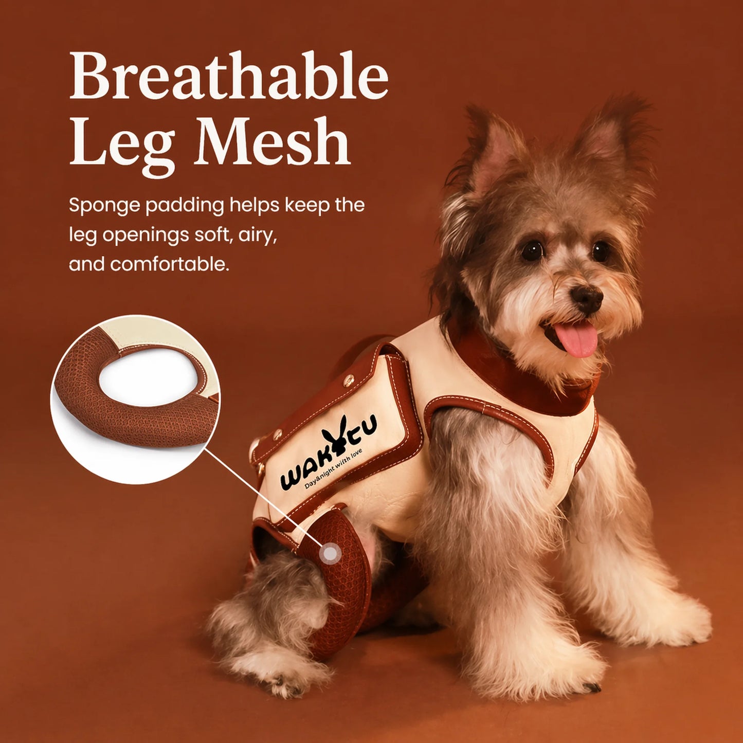 Close-up of triple-layer breathable mesh leg opening with sponge padding on the dog carrier