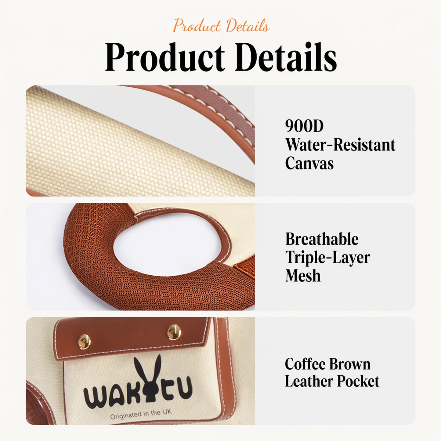 Product detail: 900D water-resistant canvas, triple-layer mesh, and coffee brown leather pocket