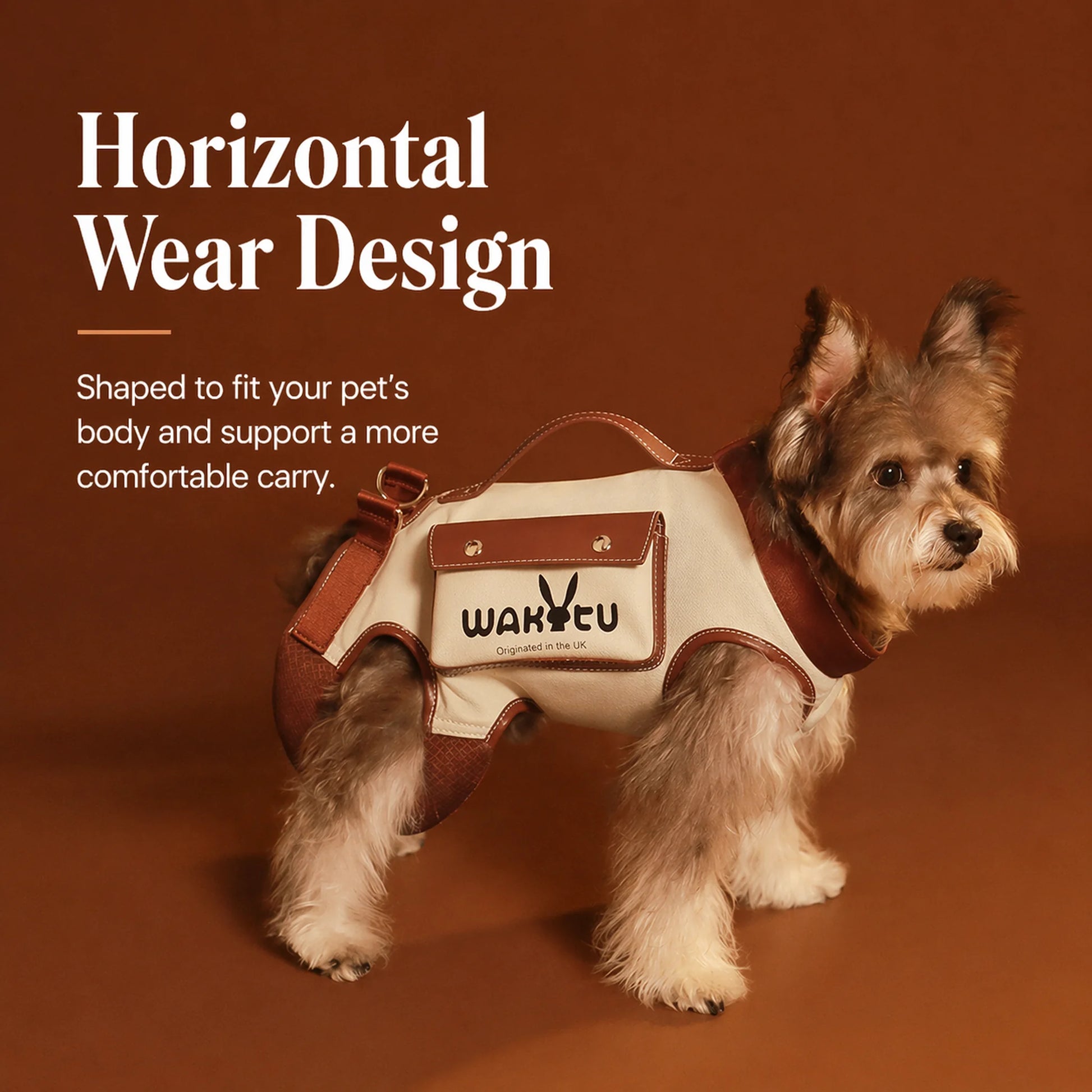 Small schnauzer wearing the cream canvas carrier harness in horizontal harness mode
