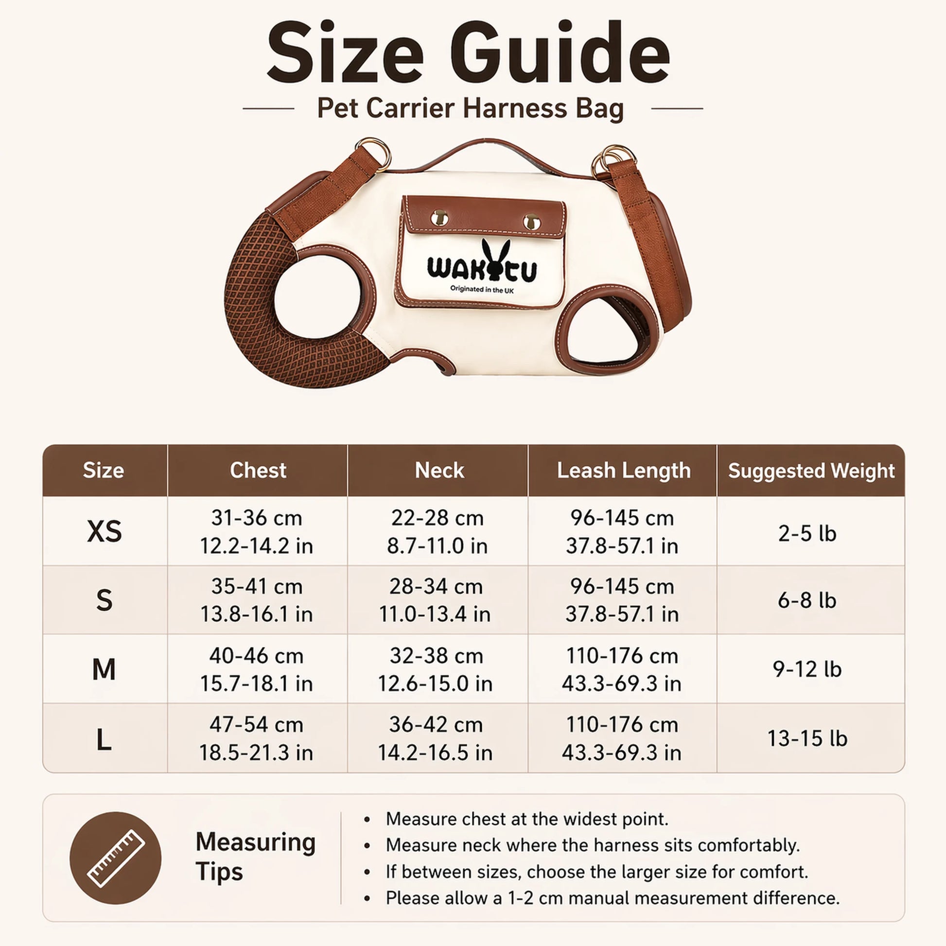 Size guide for the pet carrier harness bag with chest, neck, and leash measurements for XS S M L