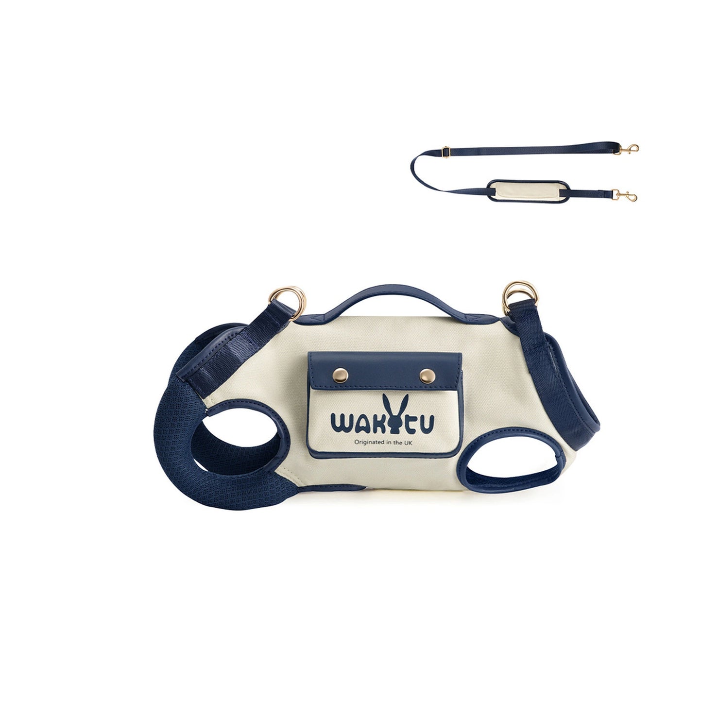 Navy canvas dog carrier harness bag with cream body panel and brown mesh leg openings